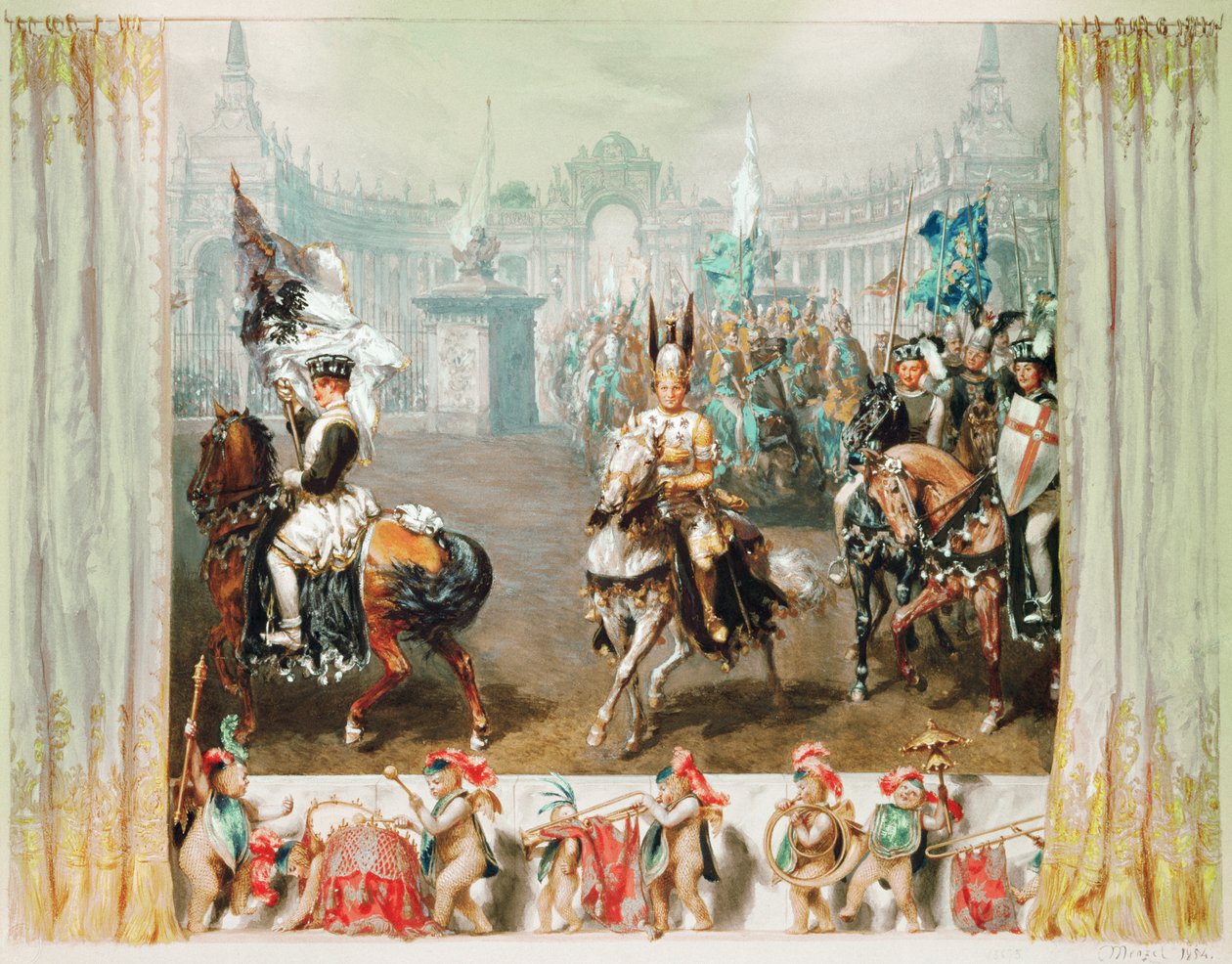 Ridderturnering, 1854 (wc und gouache på papir) av Adolph Menzel