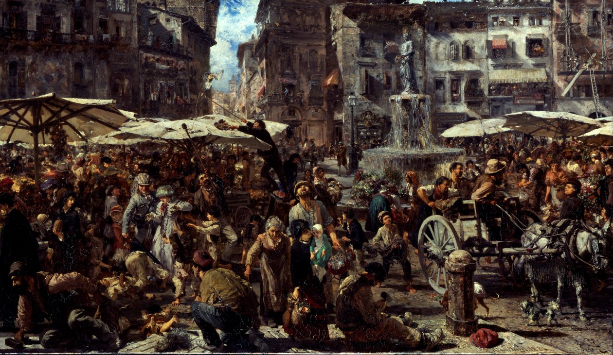 Piazza dErbe i Verona, 1884 av Adolph Menzel