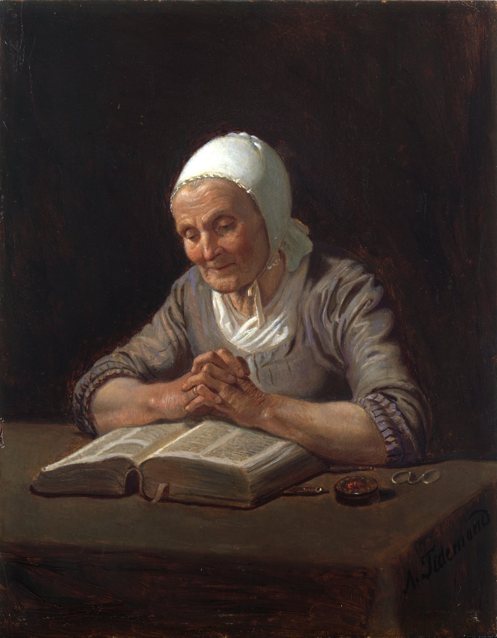 Gammel kvinne som leser (olje på panel) av Adolph Tidemand