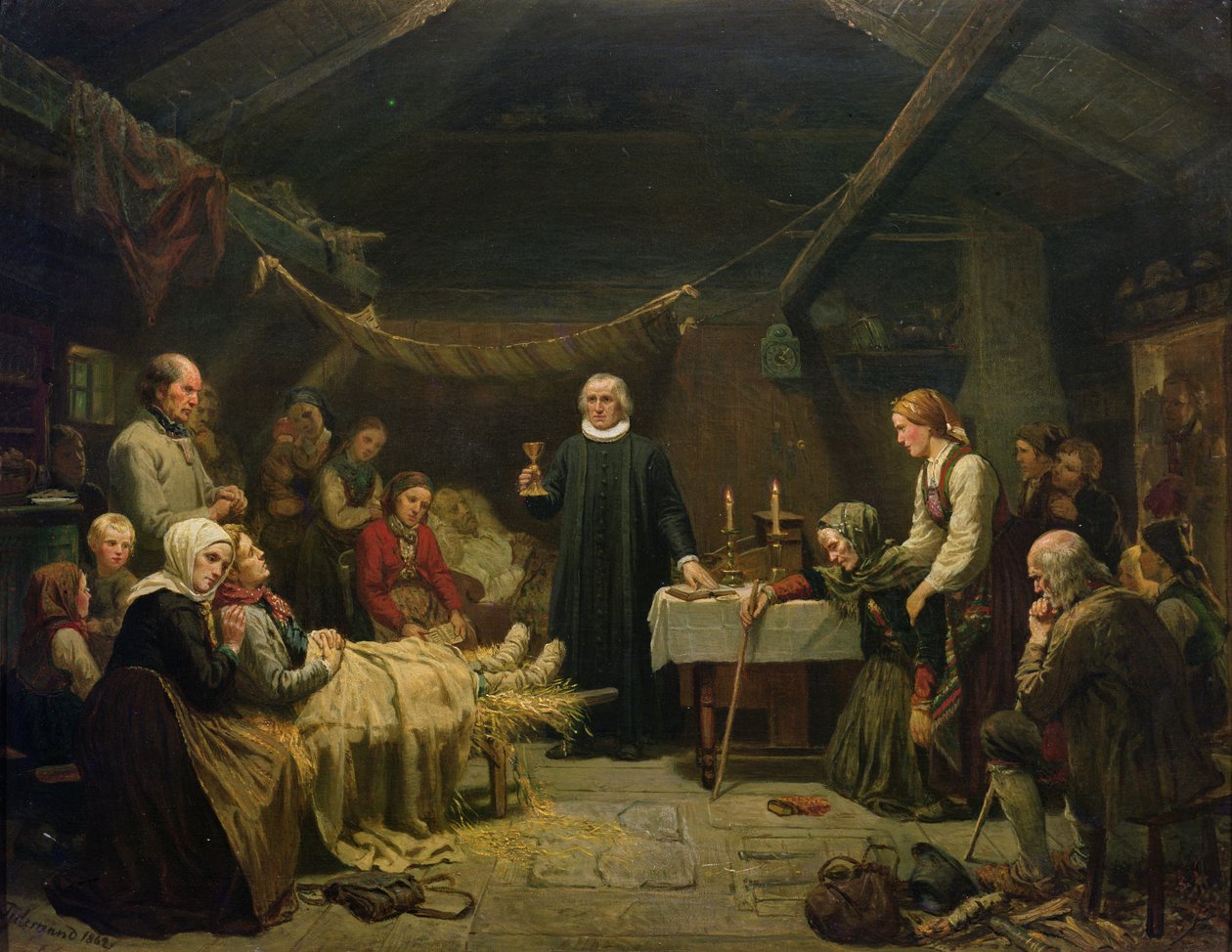 Den syke bjørnejegeren. Det siste sakramentet av Adolph Tidemand