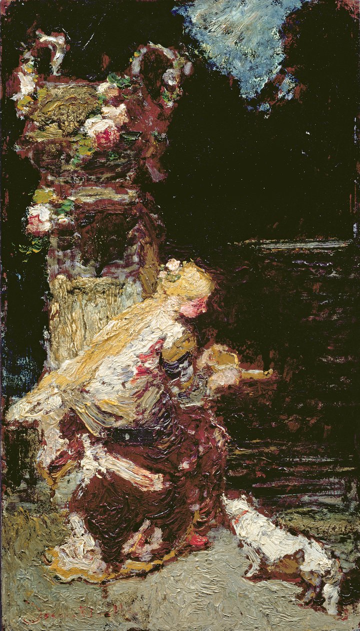 Ung jente med en katt av Adolphe Joseph Thomas Monticelli