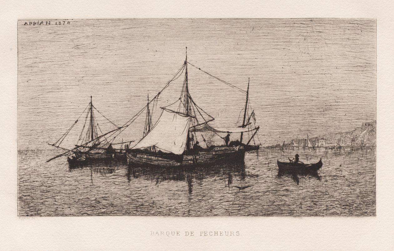 Fiskebåt, kystfart, italiensk kyst..., 1874. av Adolphe Appian