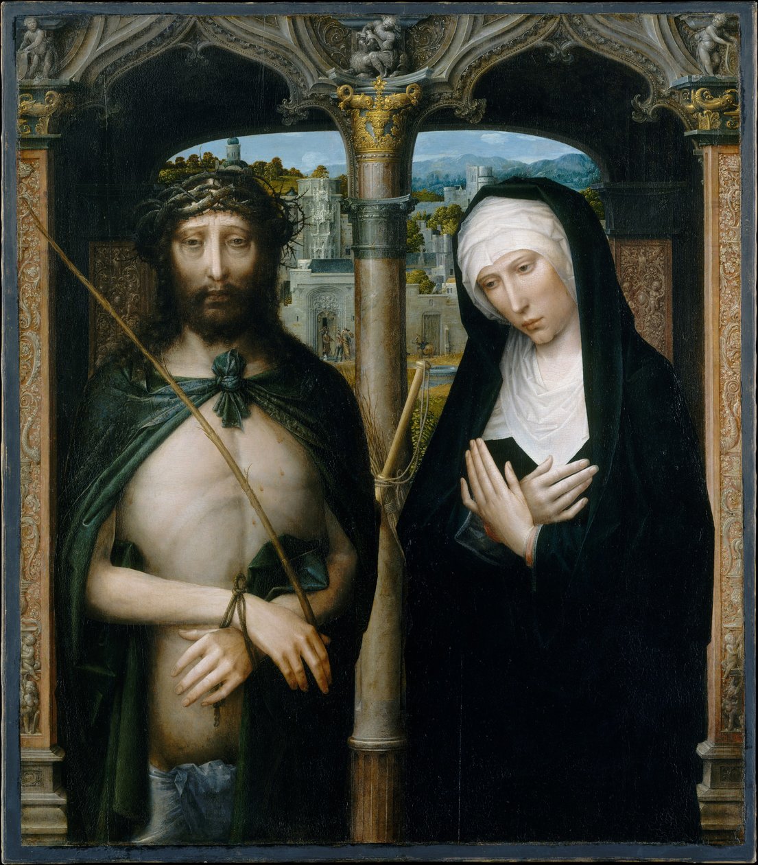 Kristus kronet med torner (Ecce Homo), og den sørgende jomfru av Adriaen Isenbrandt or Isenbrant
