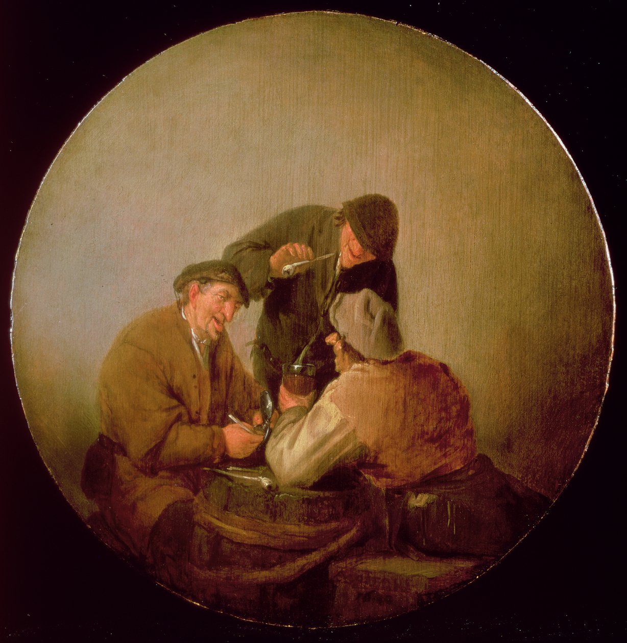 Tre bønder som drikker og røyker i et interiør av Adriaen Jansz. van Ostade