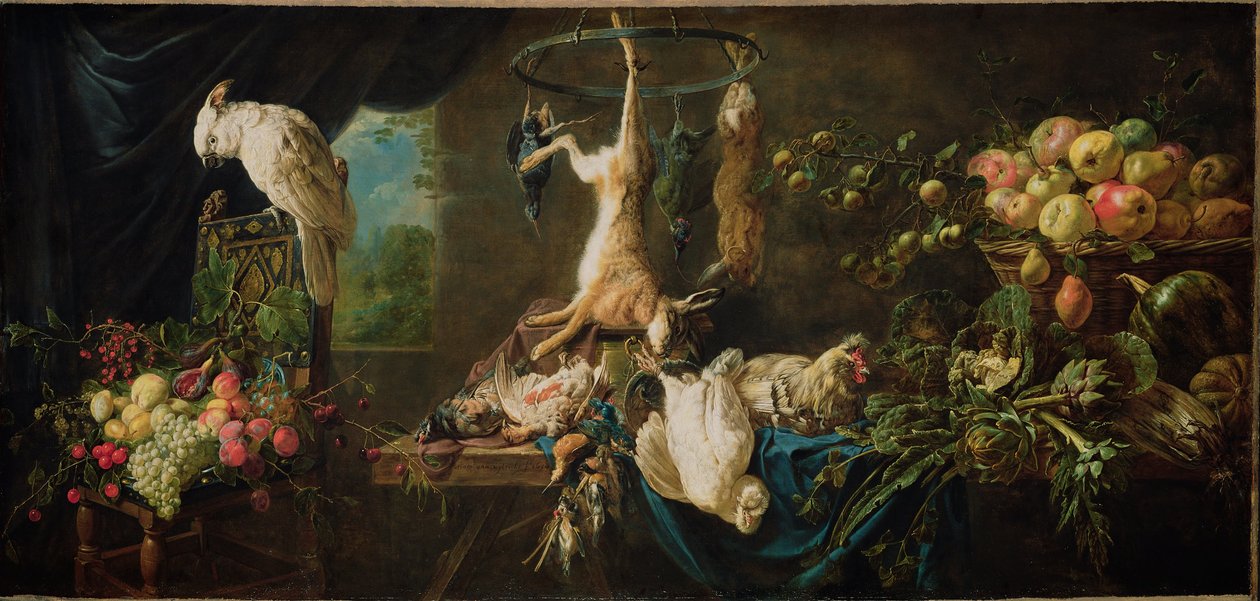 Stilleben: vilt, grønnsaker, frukt, kakadue av Adriaen van Utrecht