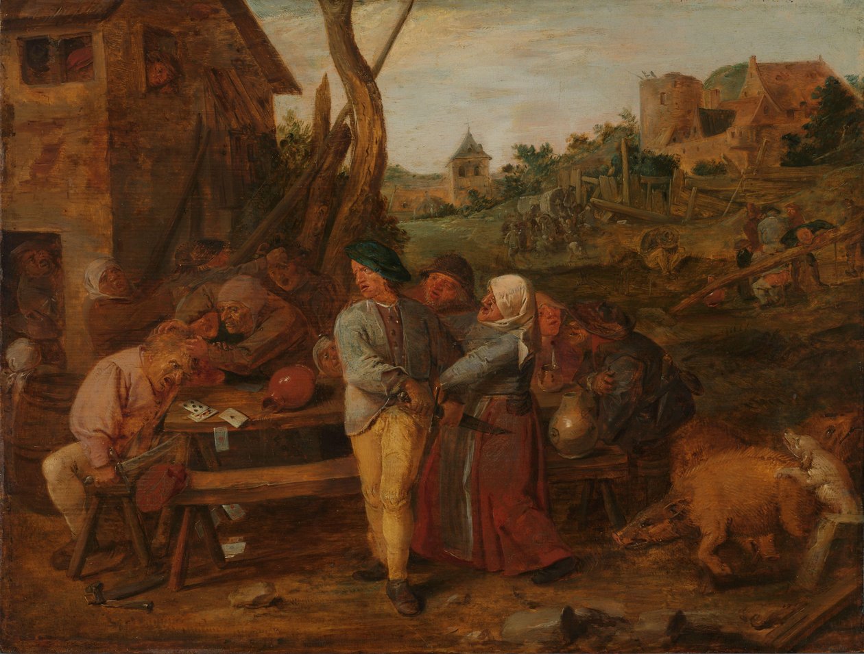 Kortkamp utenfor en Country Taverna av Adriaen Brouwer