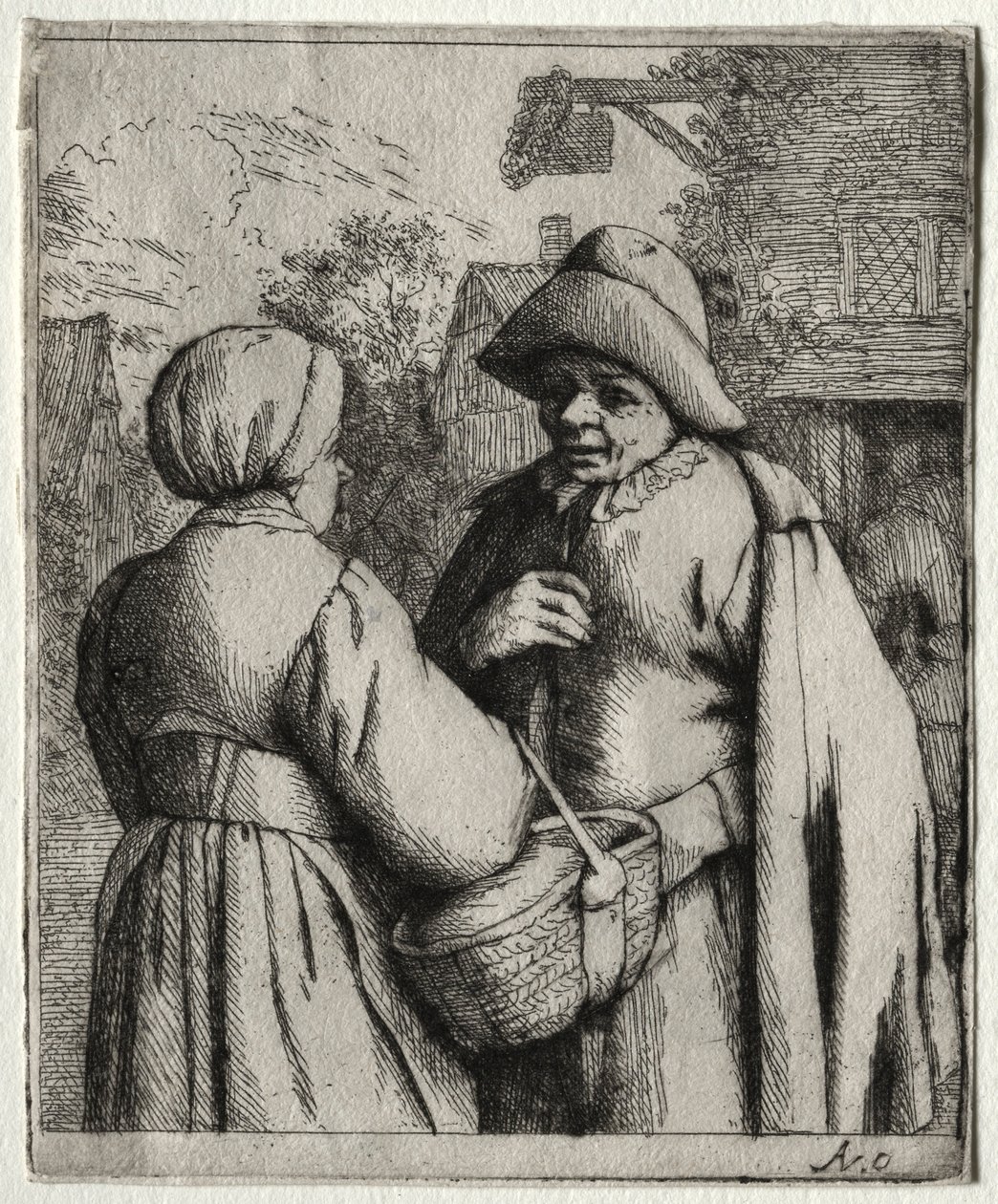 Mann og kvinne snakker sammen. av Adriaen Jansz. van Ostade