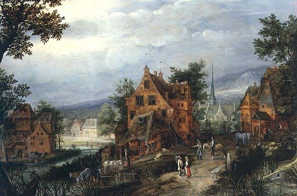 Landsbyscene med figurer av Adriaen van Stalbemt