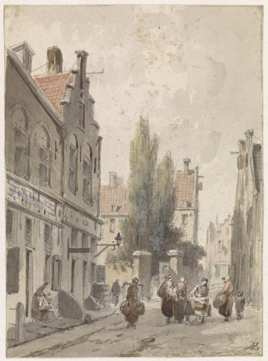 Bybilde med en kjøpmann av Adrianus Eversen