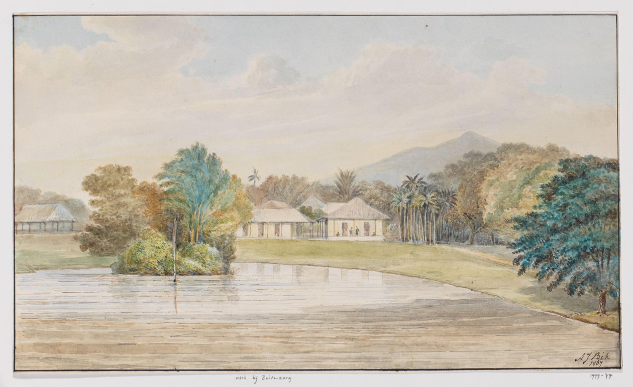 Landskap med hus og dam, Vest-Java av Adrianus Johannes Bik