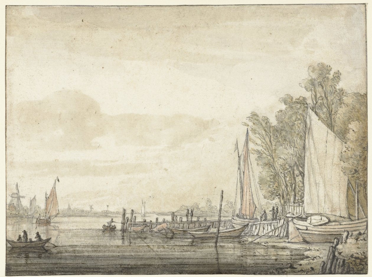 Båter ved en brygge i en elv av Aelbert Cuyp
