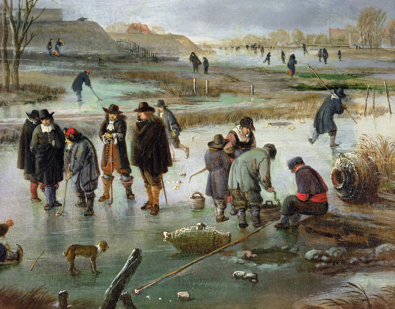 Skøyter utenfor bymurene, detalj av ishockeyspillere av Aert van der Neer