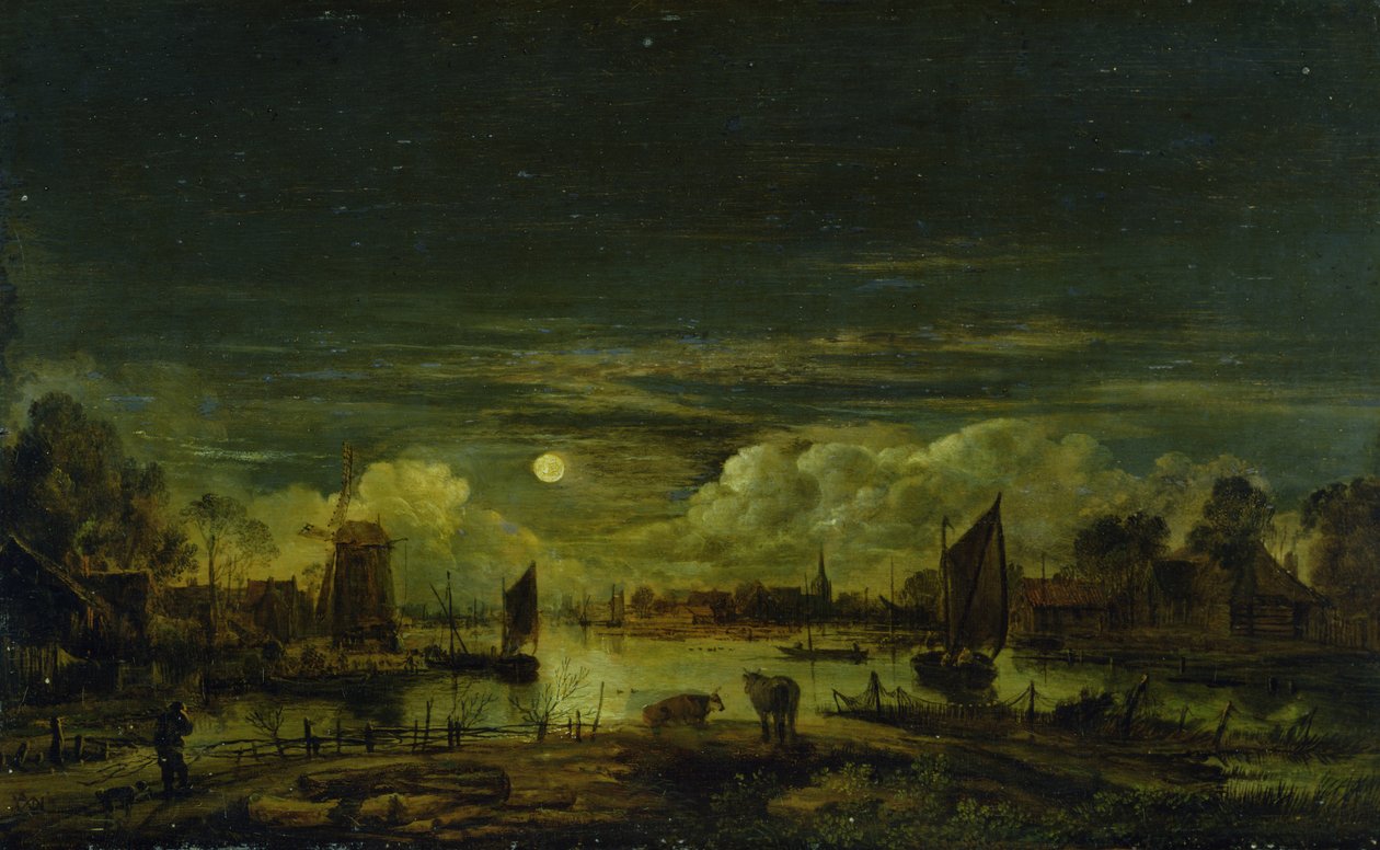 Moonlit Landscape (olje på eikepanel) av Aert van der Neer