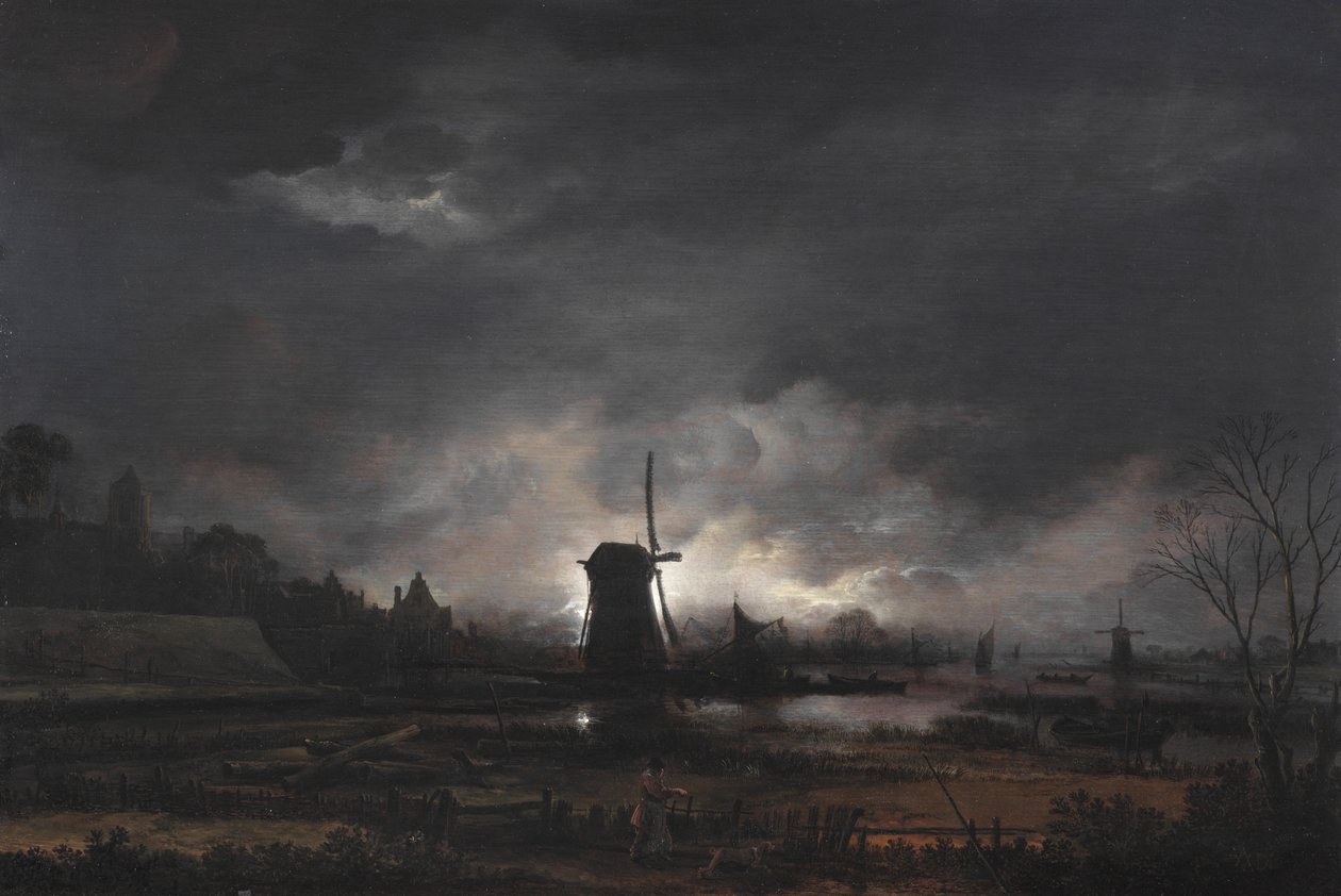 Månebelyst landskap med vindmølle, tidlig til midten av 1650-tallet (olje på eikepanel) av Aert van der Neer