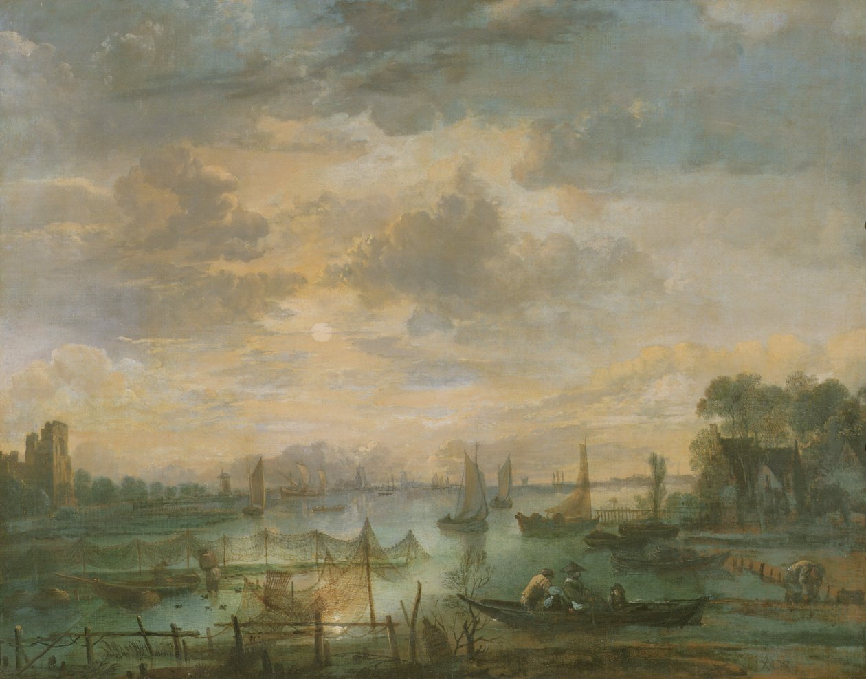Månebelyst scene med fiskere av Aert van der Neer