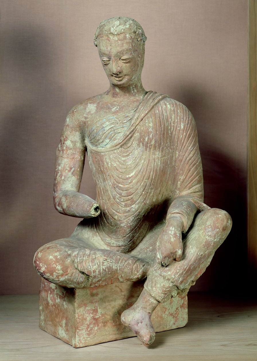 Buddha sittende i meditasjon, fra Fondukistan, 7.-8. århundre (terrakotta) av Afghan School