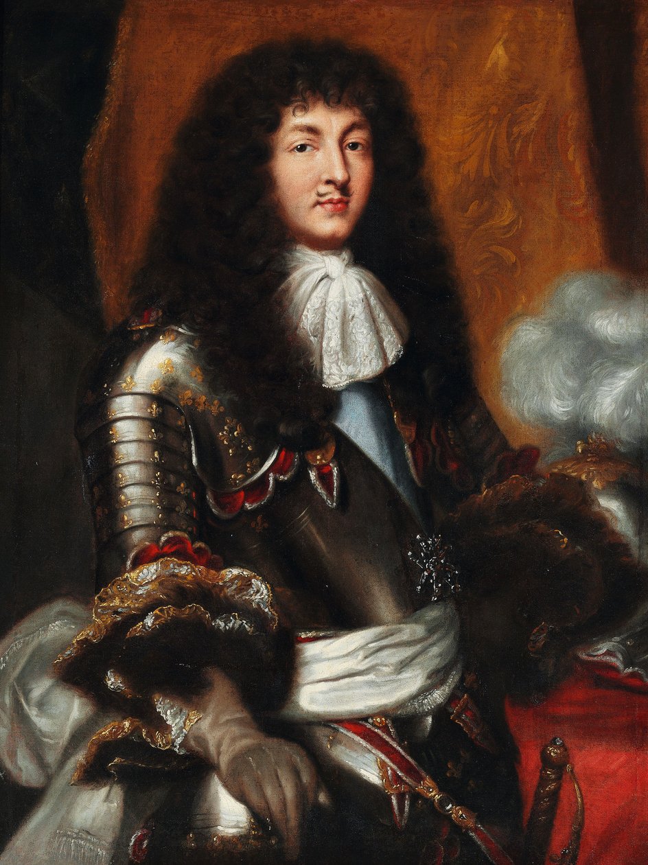 Louis XIV med mørk helbunnet parykk og rustning av Pierre Mignard