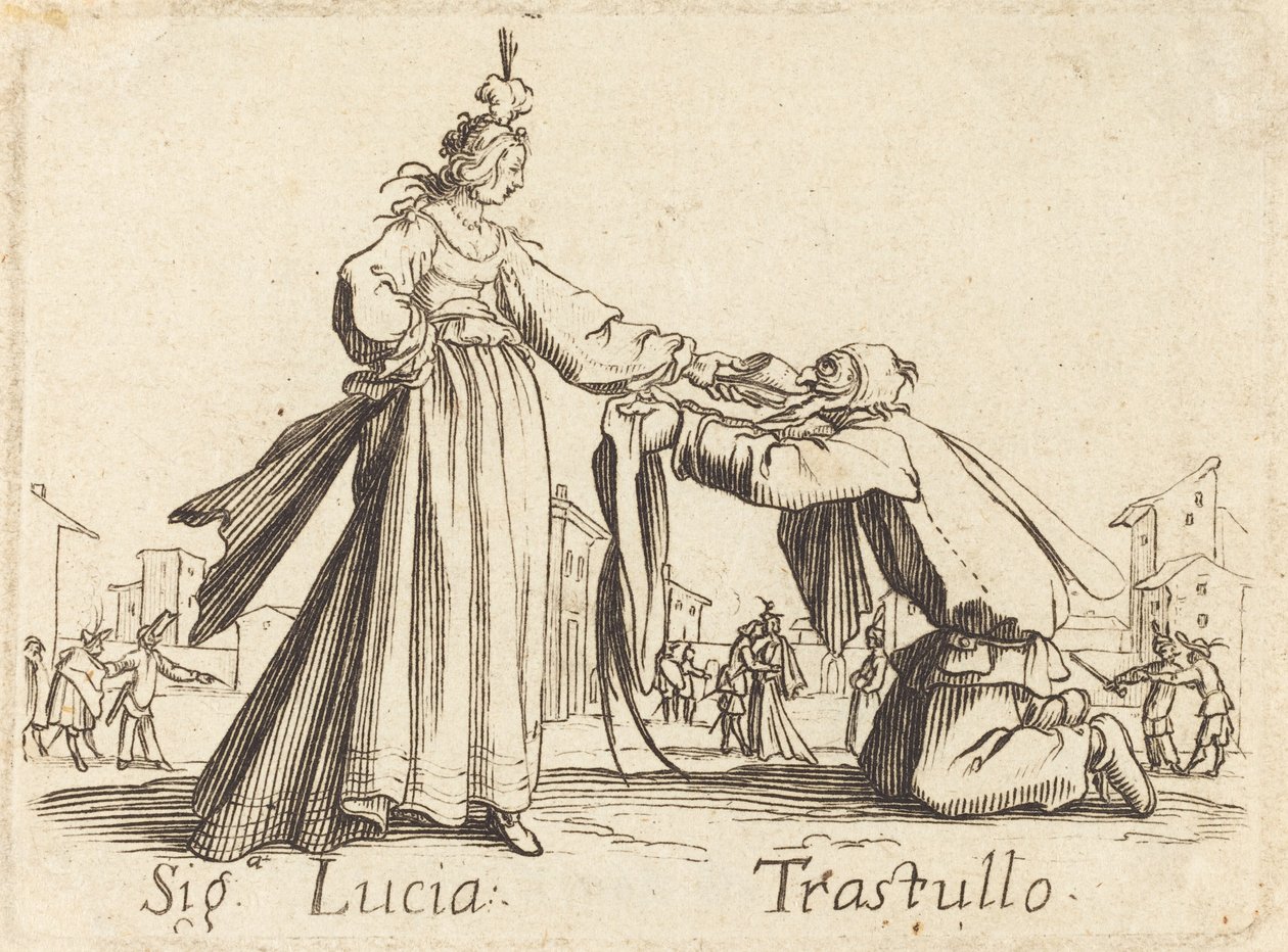 Tegn. Lucia og Trastullus av After Jacques Callot