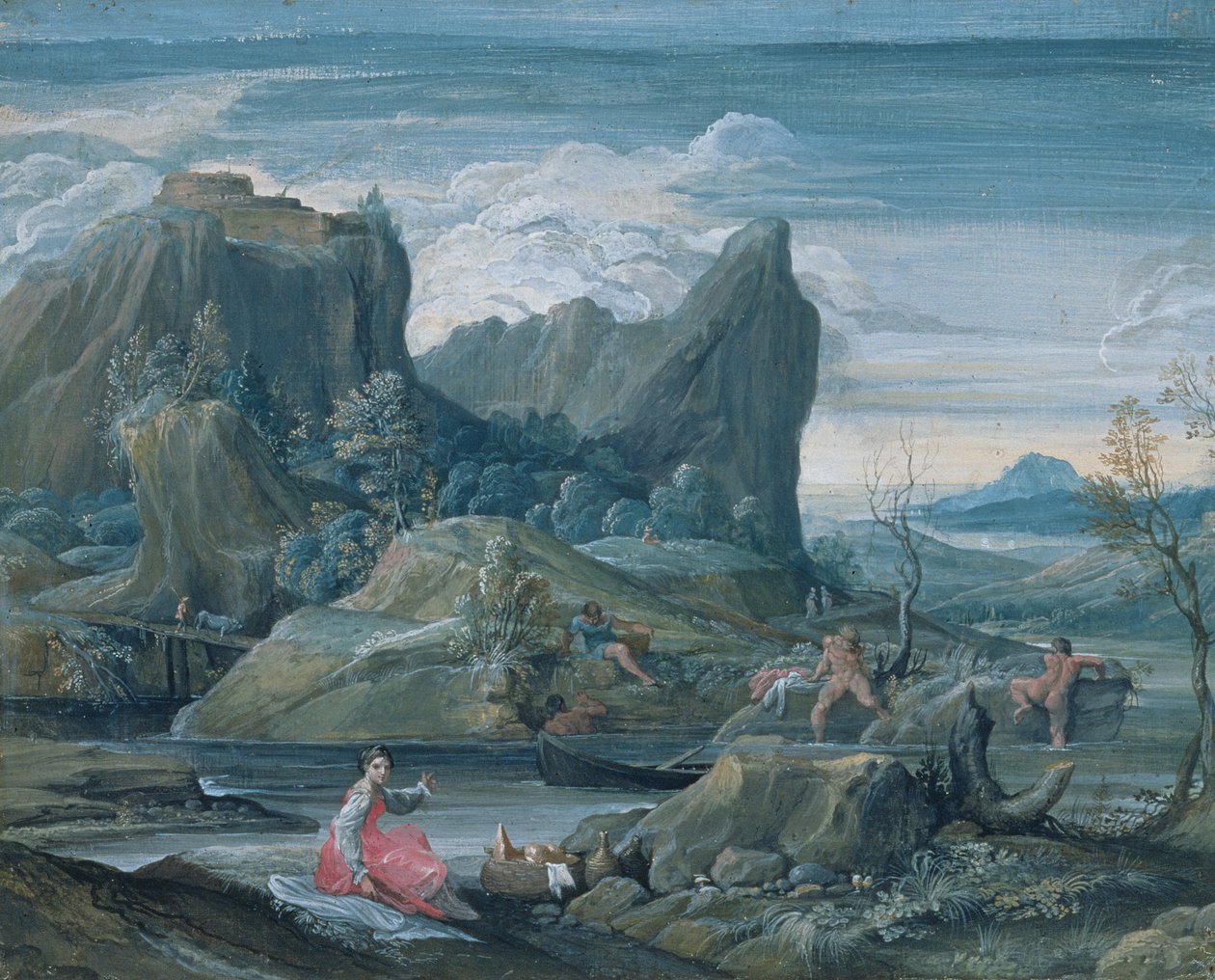 Landskap med badende av Agostino Carracci