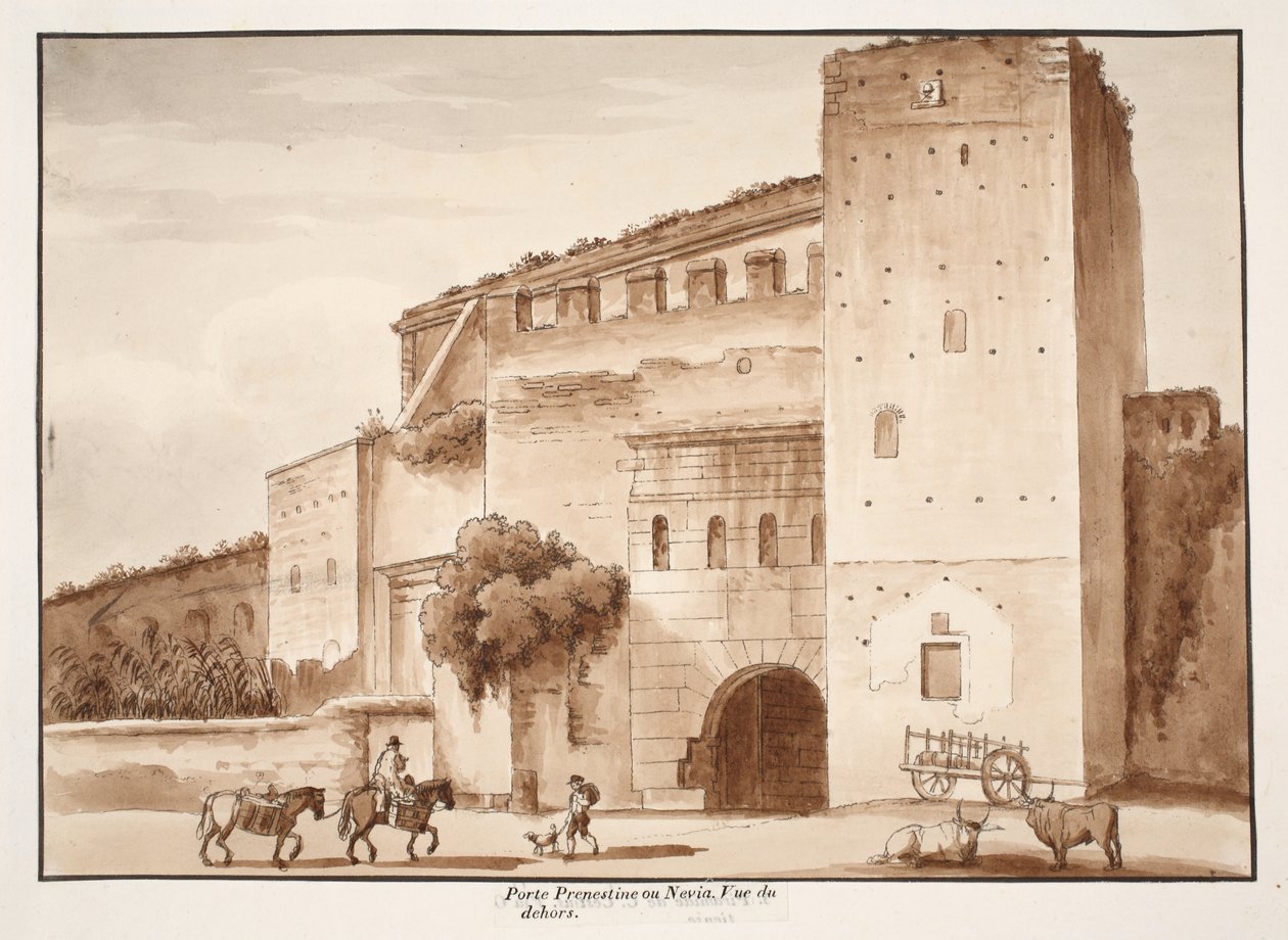Utvendig utsikt over Porta Prenestina eller Nevia, 1833 (etsing med brun vask) av Agostino Tofanelli