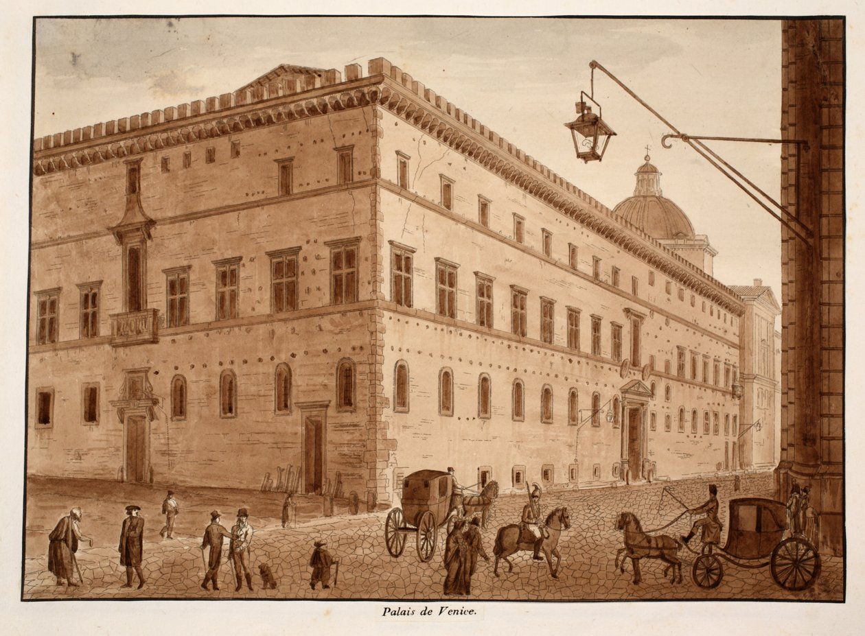 Palazzo di Venezia, 1833 (etsing med brun vask) av Agostino Tofanelli