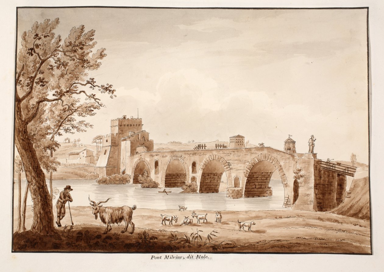 Ponte Milvio, eller Ponte Molle, 1833 (etsing med brun vask) av Agostino Tofanelli