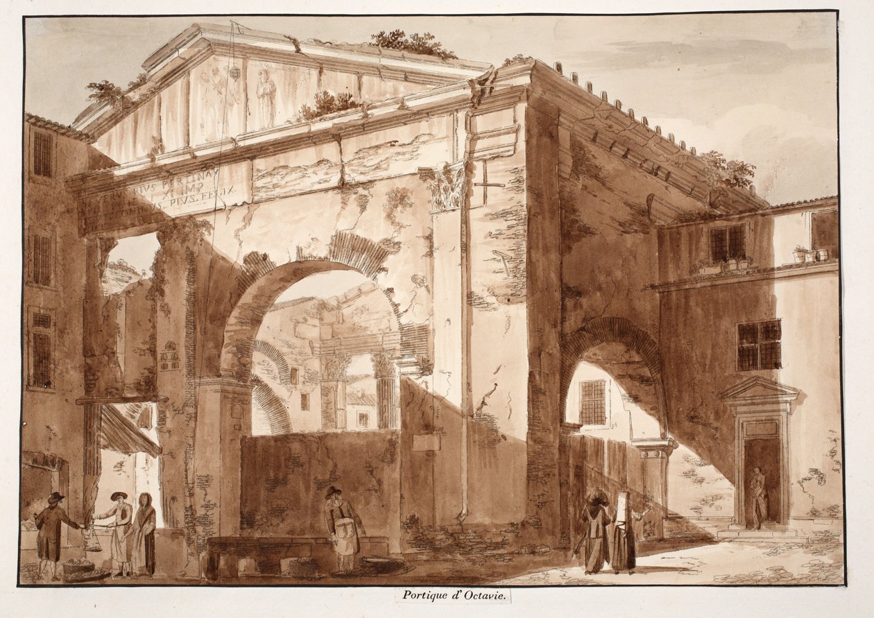 Portico of Octavia, 1833 (etsing med brun vask) av Agostino Tofanelli