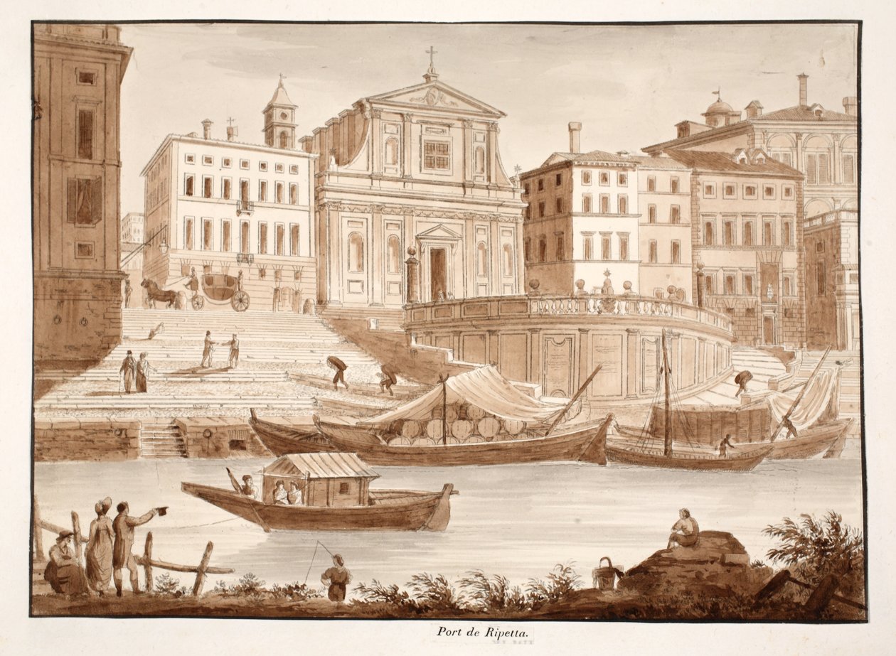 Port of Ripetta, 1833 (etsing med brun vask) av Agostino Tofanelli