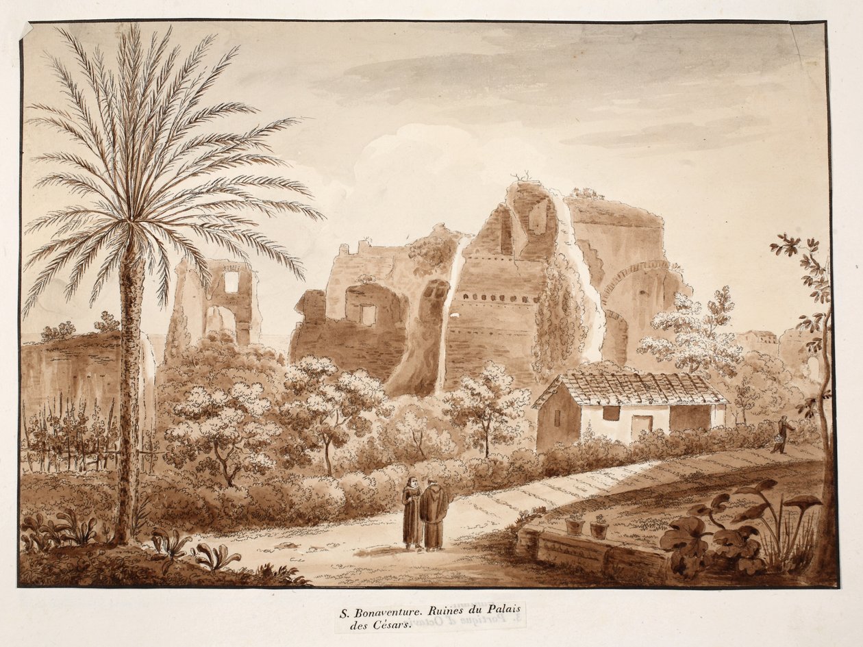 San Bonaventura og ruinene av Palace of the Caesars, 1833 (etsing med brun vask) av Agostino Tofanelli