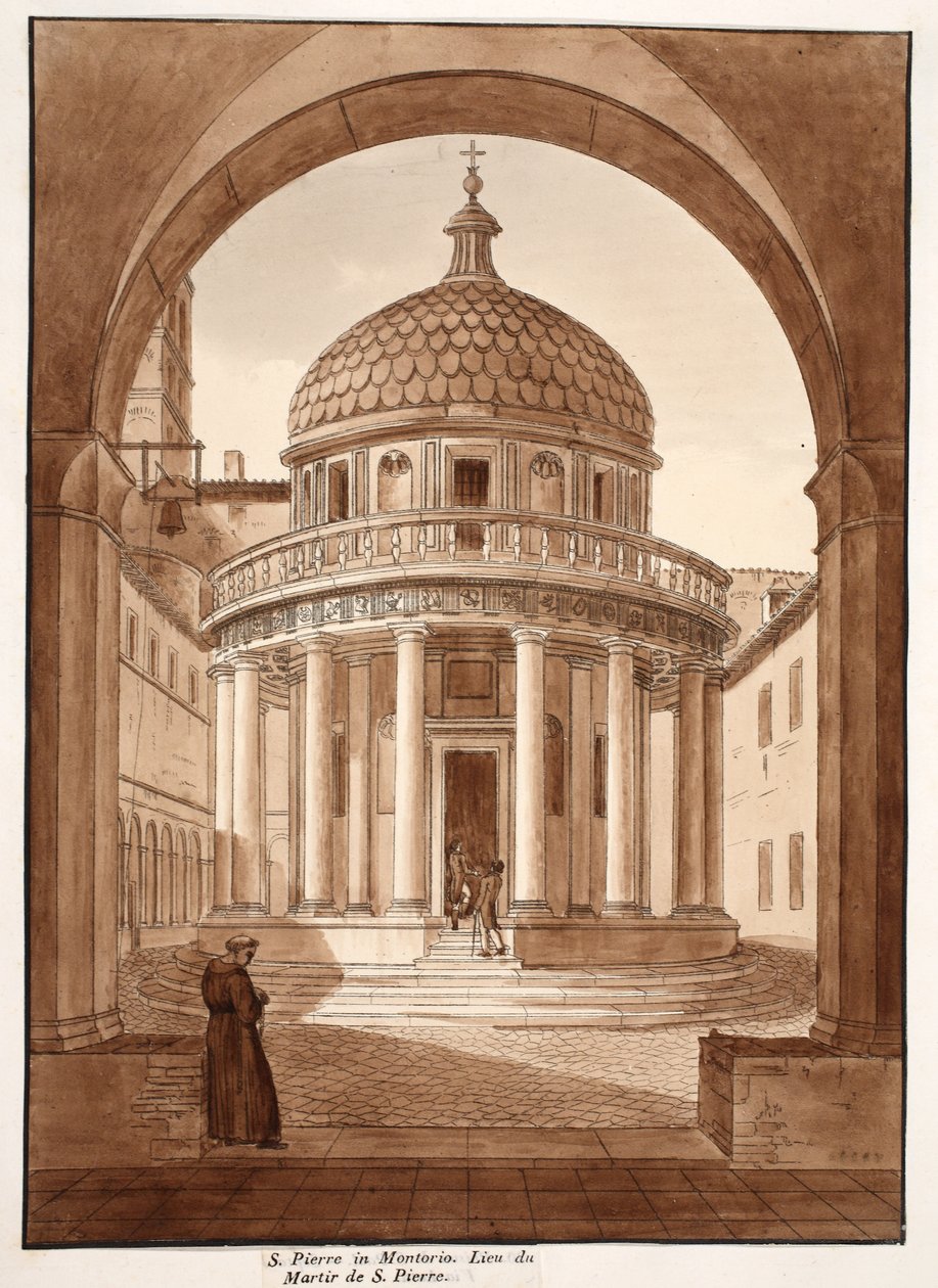 San Pietro i Montorio, stedet for St. Peters martyrium, 1833 (etsing med brun vask) av Agostino Tofanelli