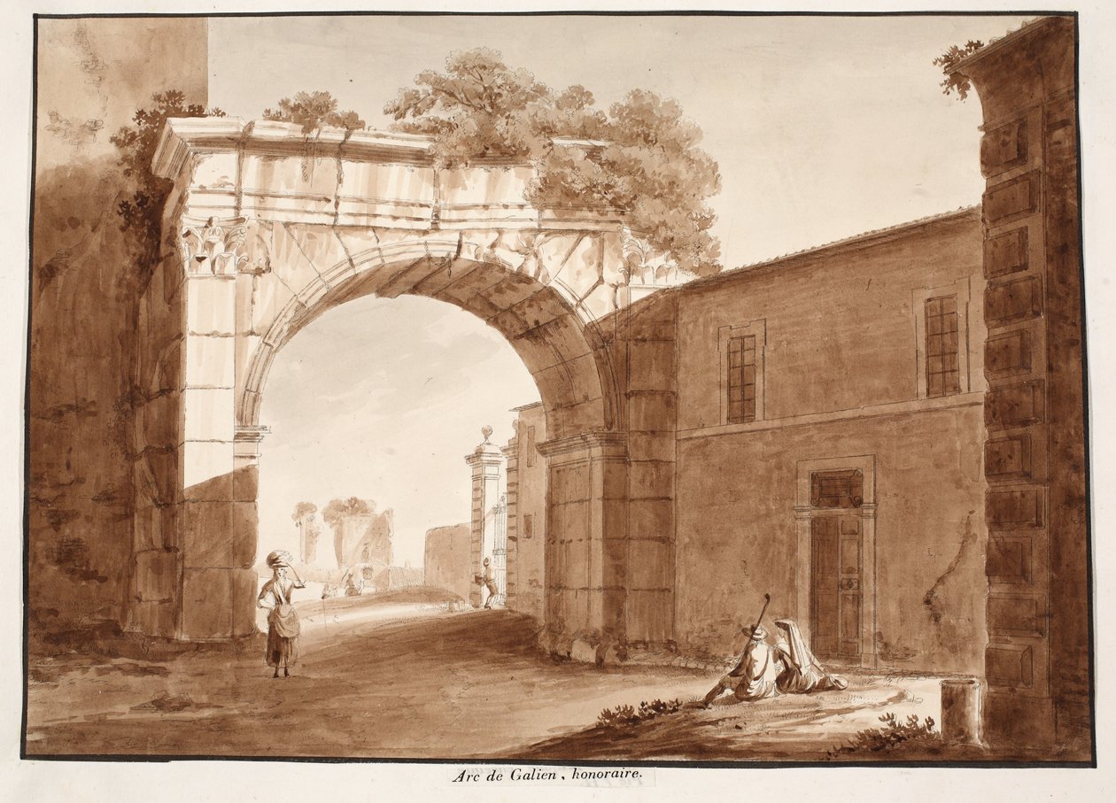 The Arch of Gallienus, 1833 (etsing med brun vask) av Agostino Tofanelli