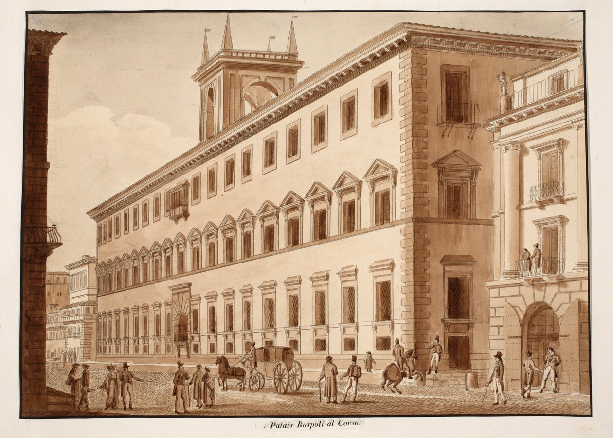 Palazzo Ruspoli al Corso, 1833 (etsing med brun vask) av Agostino Tofanelli