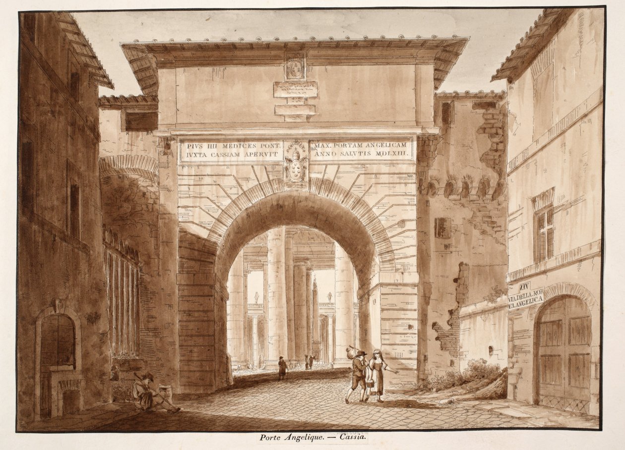 The Porta Angelica - Cassia, 1833 (etsing med brun vask) av Agostino Tofanelli