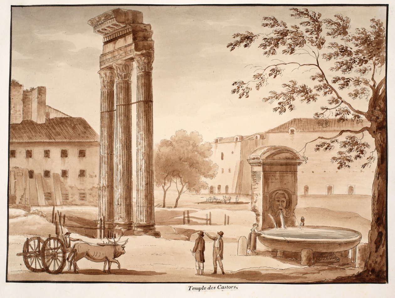 The Temple of Castor, 1833 (etsing med brun vask) av Agostino Tofanelli