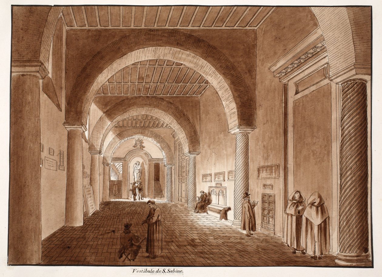 The Vestibule of Santa Sabina, 1833 (etsing med brun vask) av Agostino Tofanelli