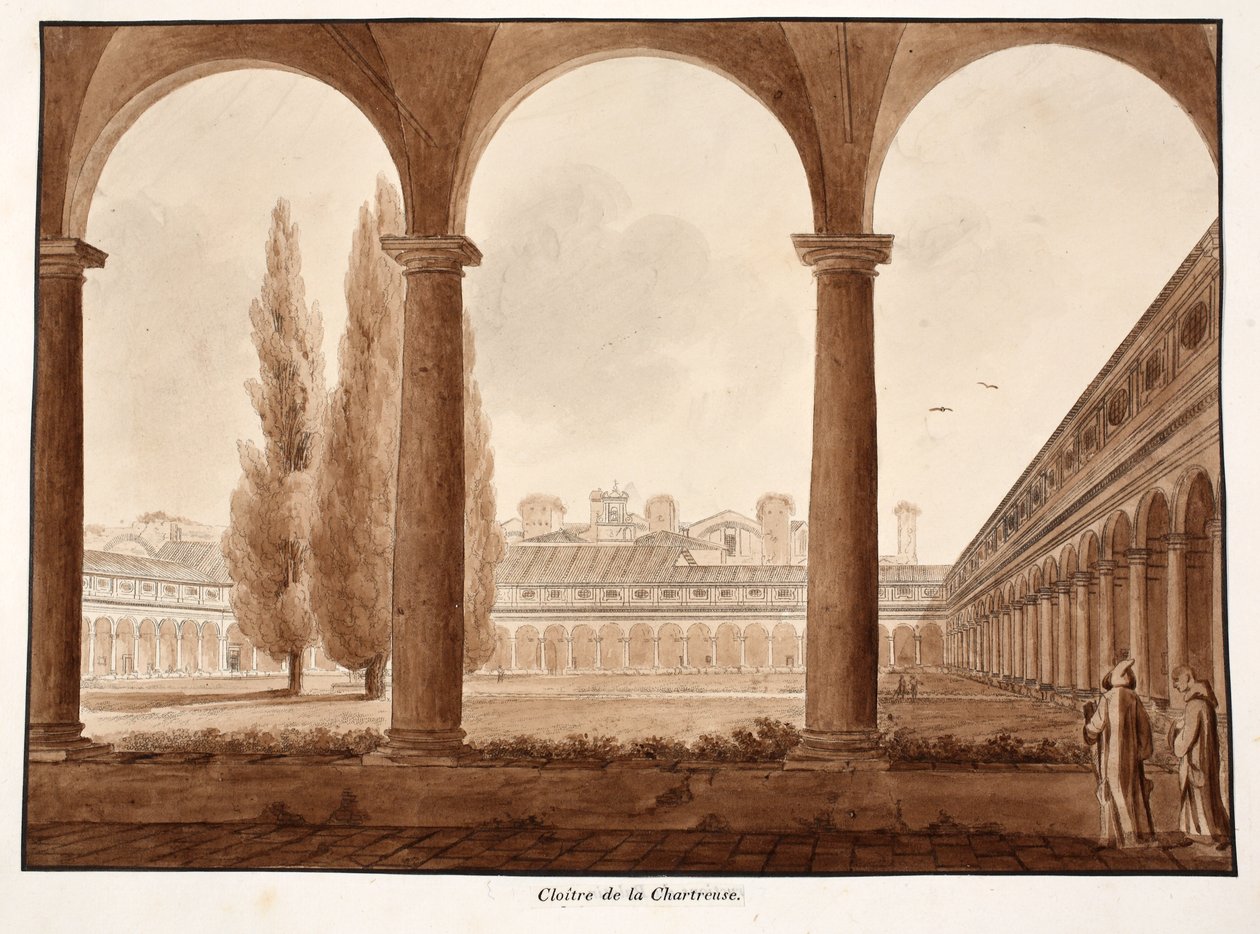 Klosteret til charterhuset, 1833 (etsing med brun vask) av Agostino Tofanelli