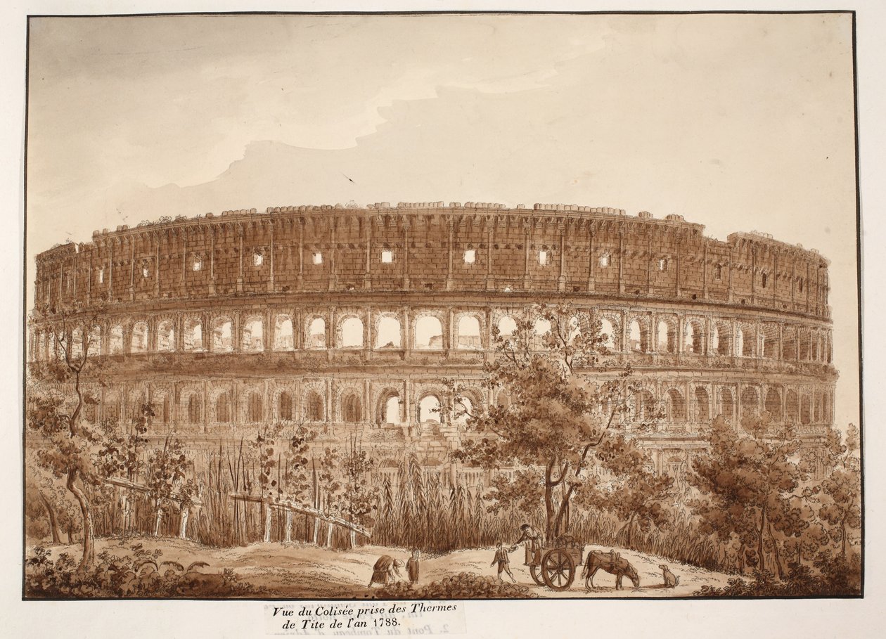 Utsikt over Colosseum fra Titus-badet, i år 1788, 1833 (etsing med brun vask) av Agostino Tofanelli