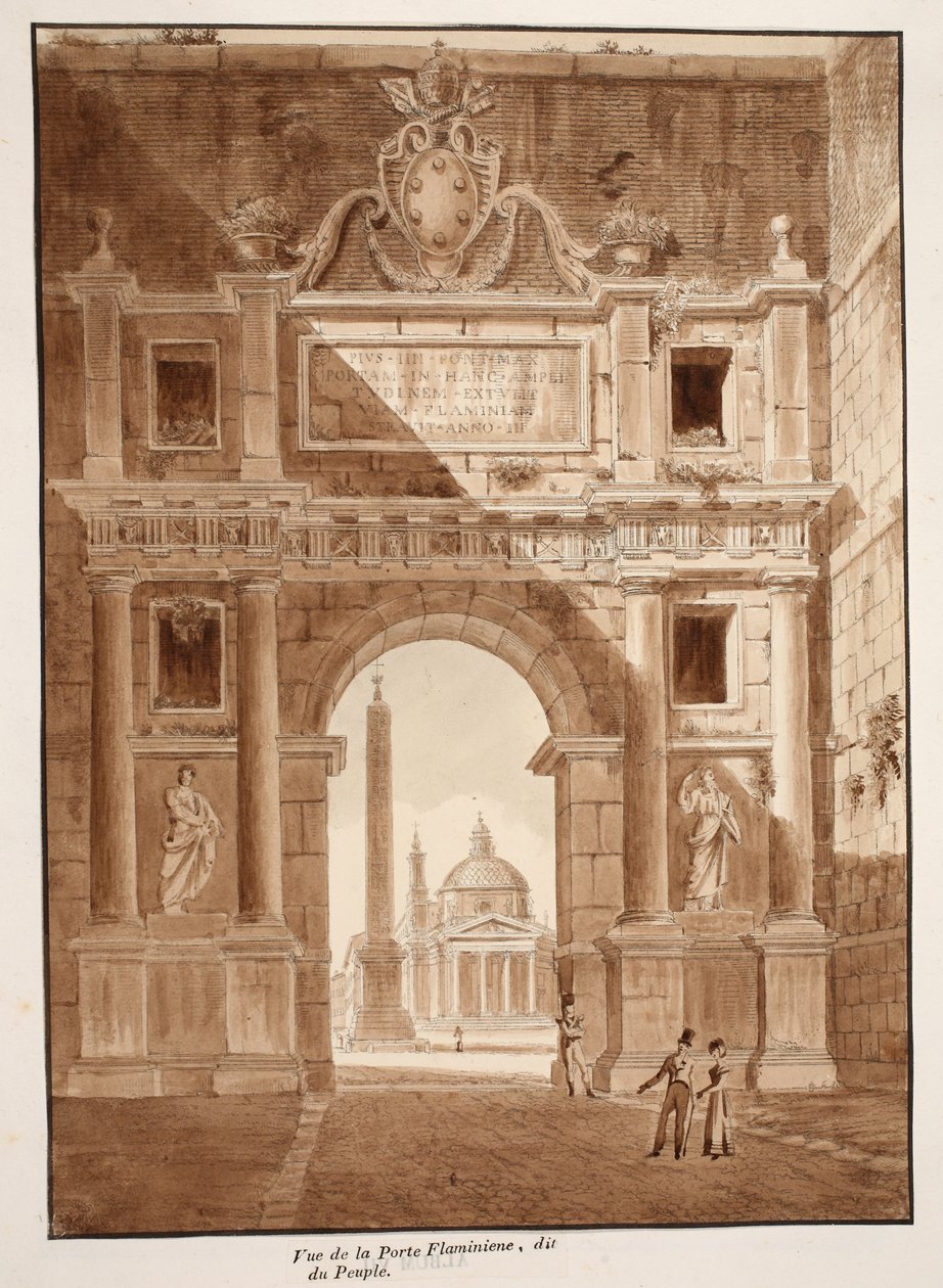 Utsikt over Porta Flaminia, eller Porta del Popolo, 1833 (etsing med brun vask) av Agostino Tofanelli