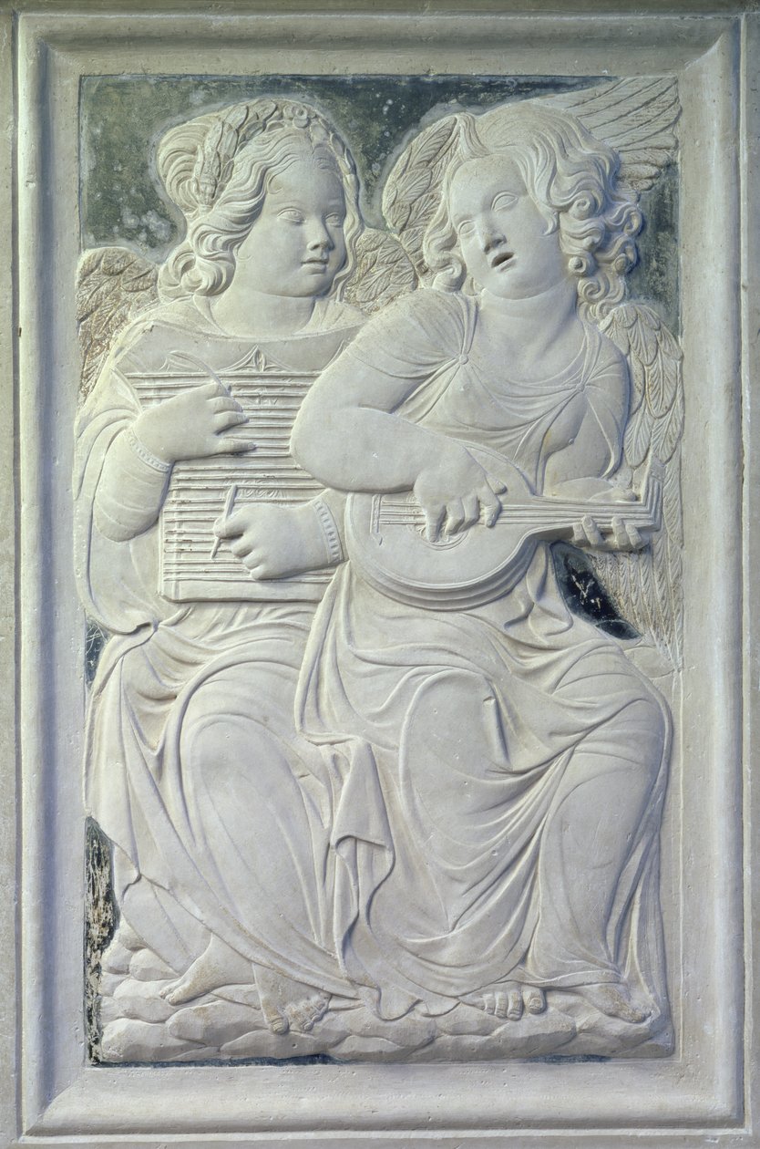 To putti fra frisen av musikalske engler i kapellet i Isotta degli Atti, ca. 1450 (marmor) av Agostino di Duccio