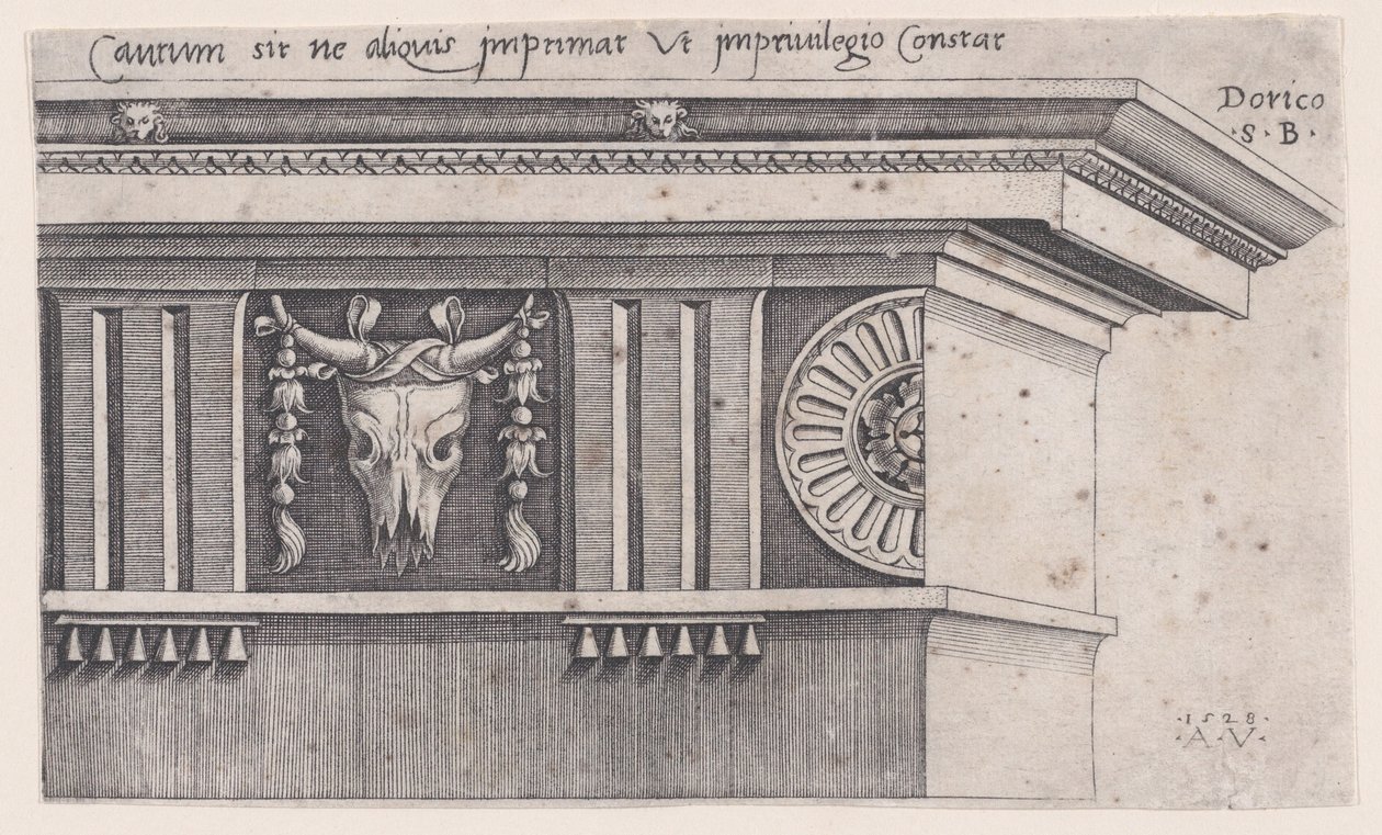Dorisk entablatur, datert 1528. av Agostino Veneziano