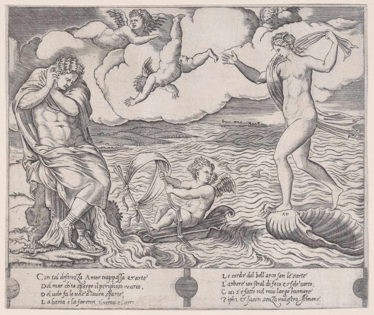 Eros i havet, ca. 1514-36. av Agostino Veneziano