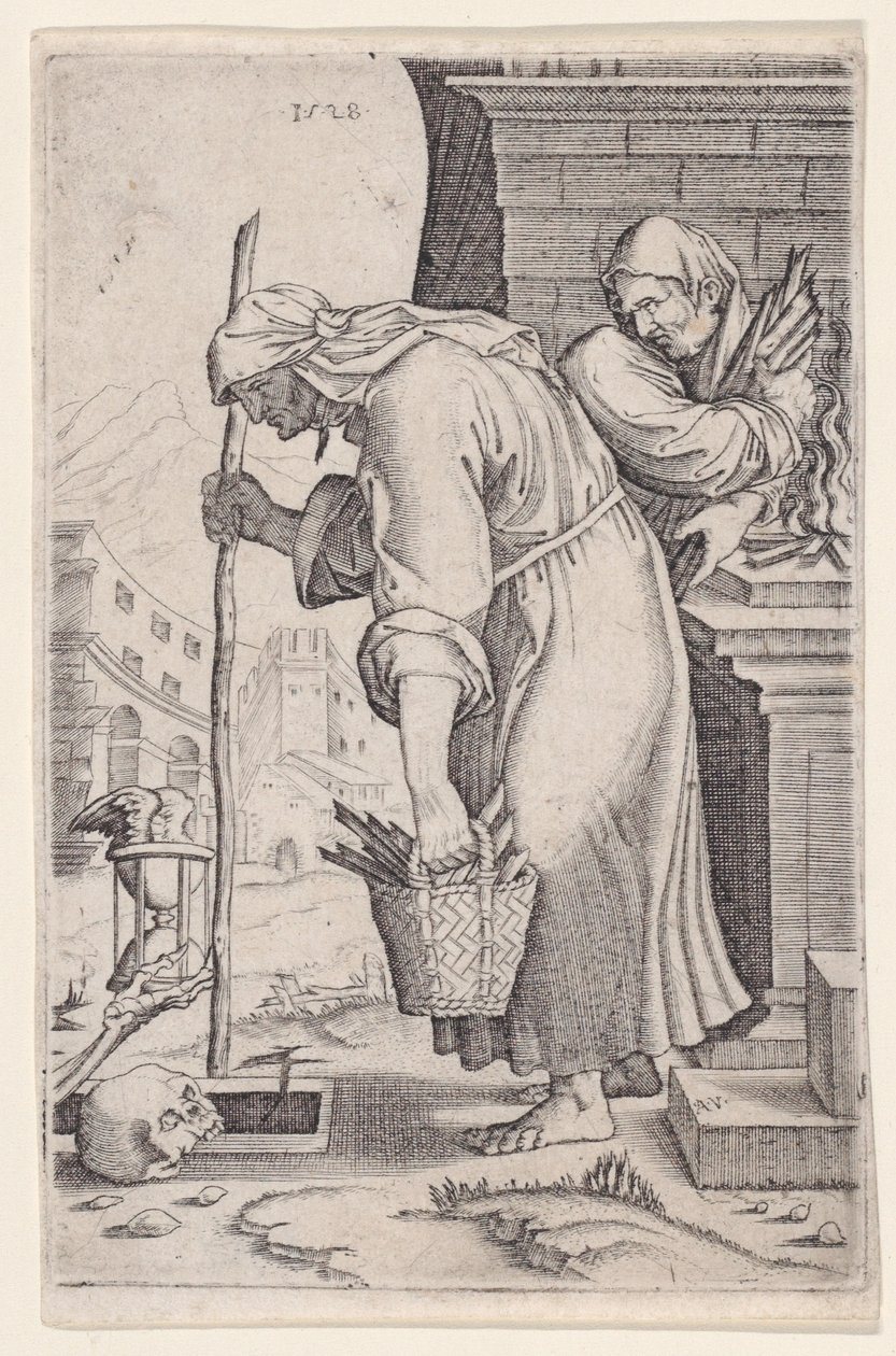 Gammel kvinne nærmer seg graven, datert 1528. av Agostino Veneziano