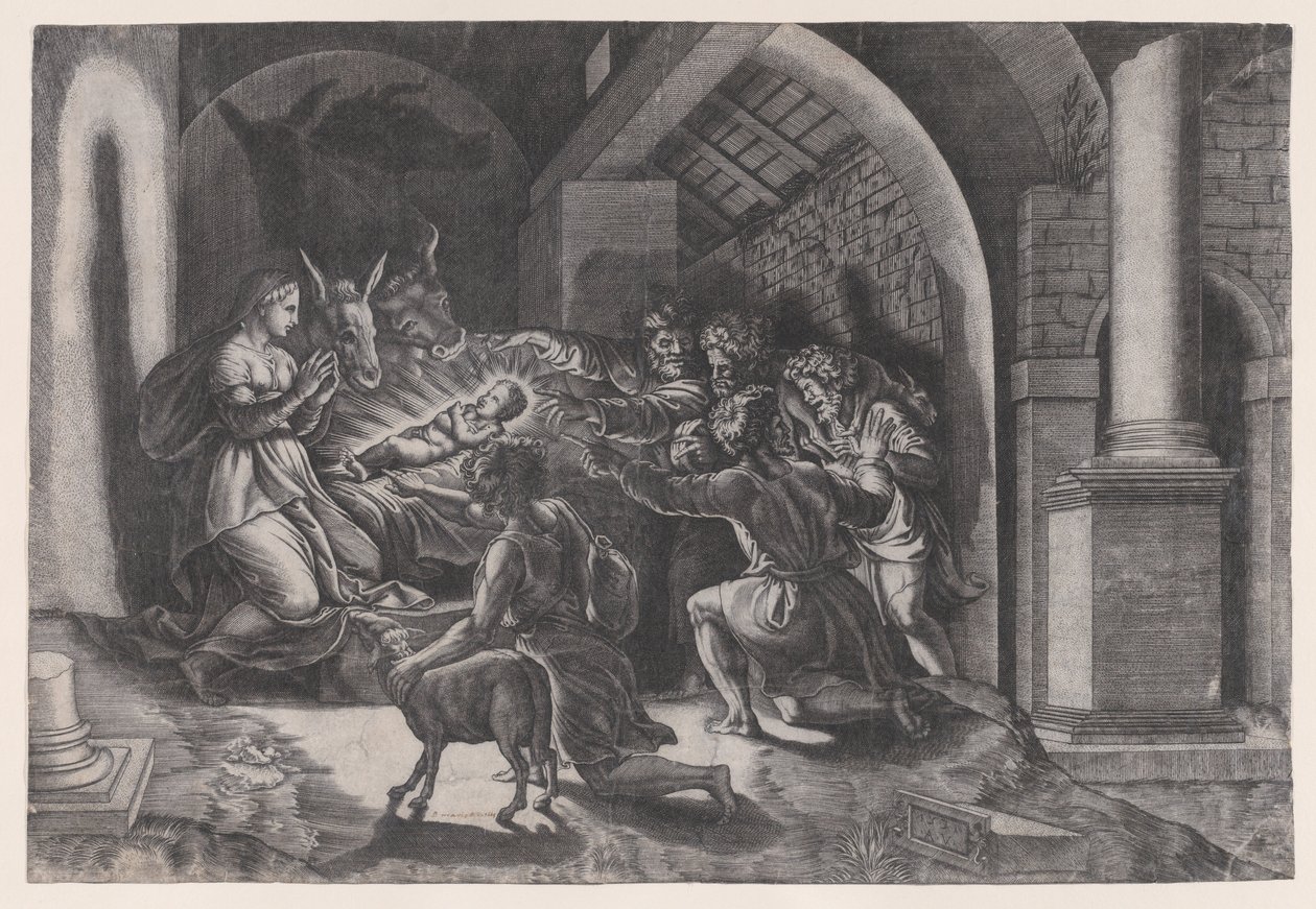 Fødselen, datert 1531. av Agostino Veneziano