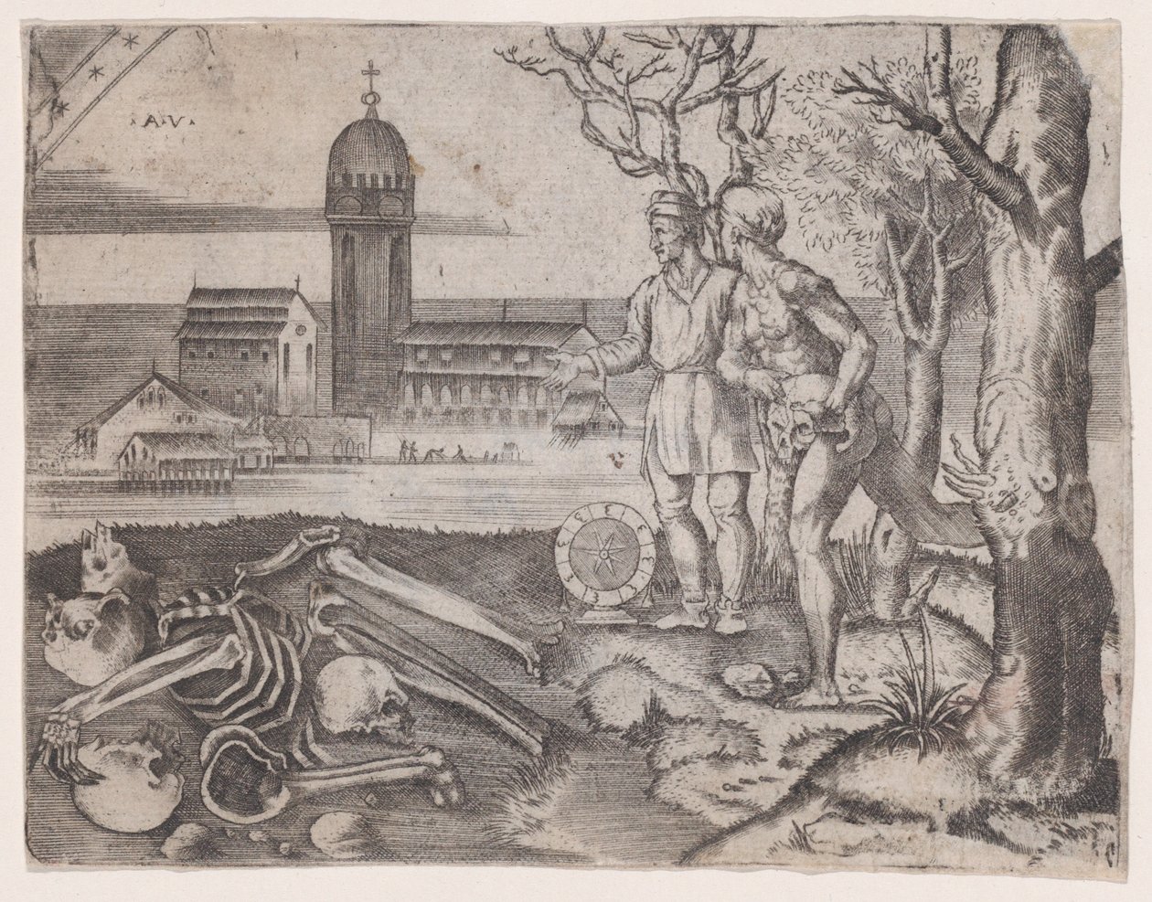 To menn på en kirkegård, ca. 1514-36. av Agostino Veneziano