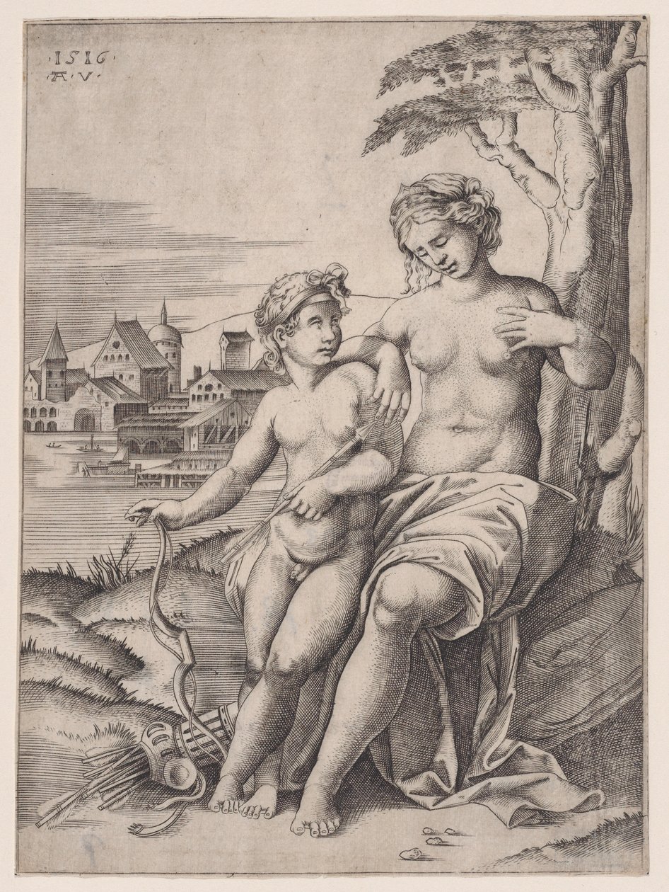 Venus og Eros, datert 1516. av Agostino Veneziano