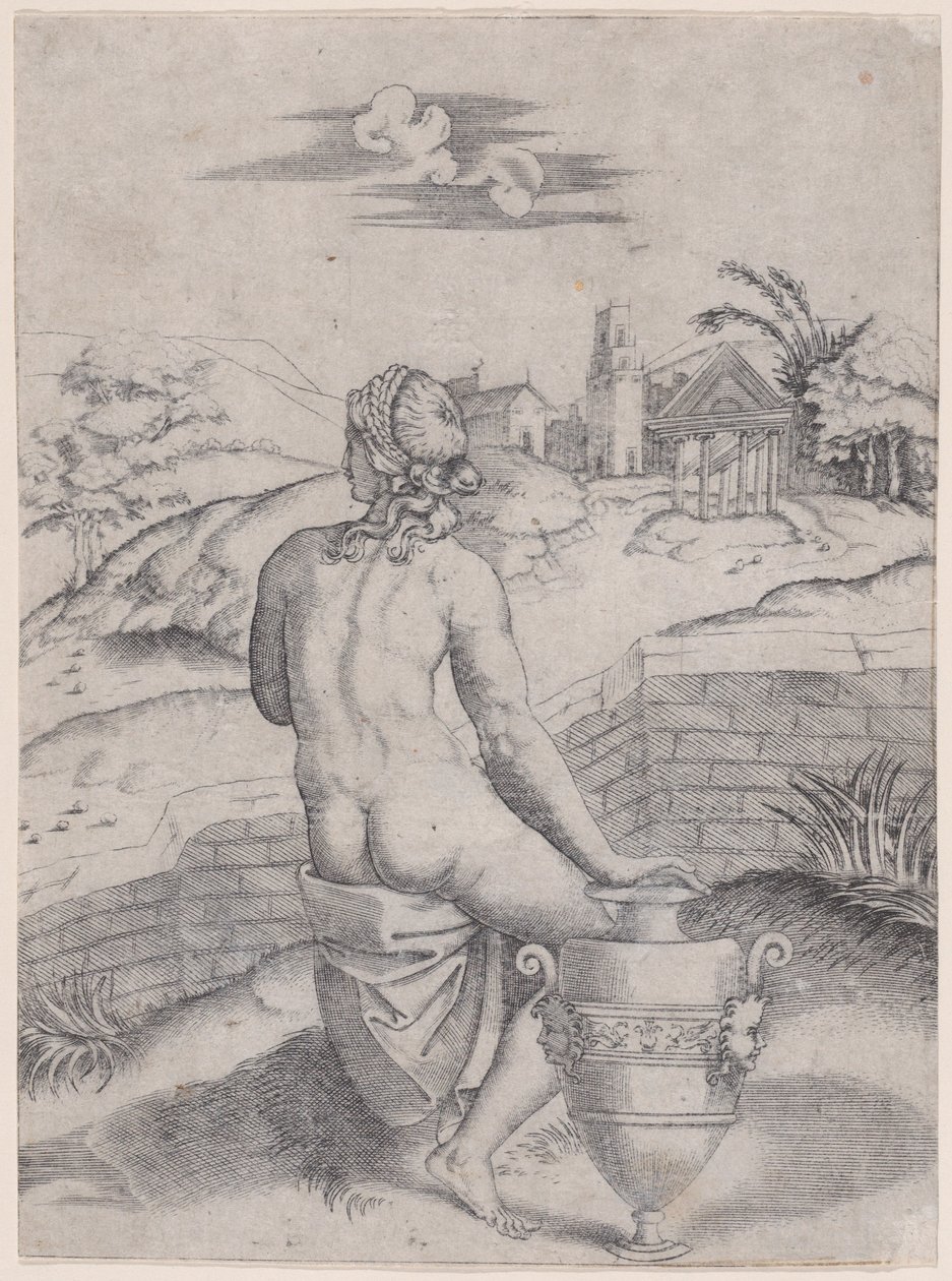 Kvinne som sitter nær en vase, ca. 1514-36. av Agostino Veneziano