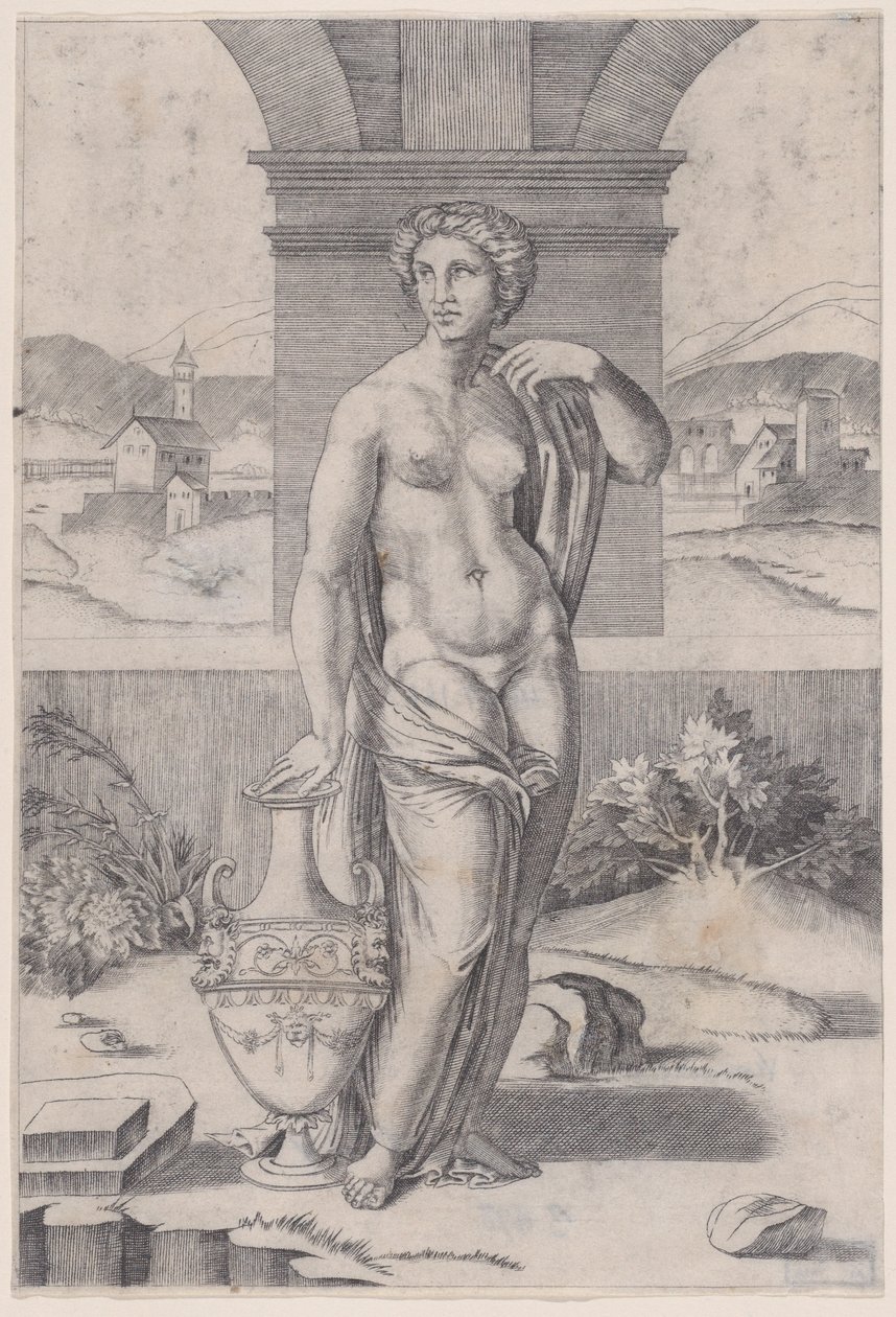 Kvinne som står nær en vase, ca. 1514-36. av Agostino Veneziano