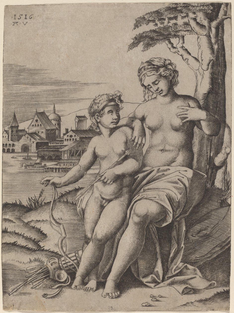 Venus og Amor av Agostino dei Musi after Raphael