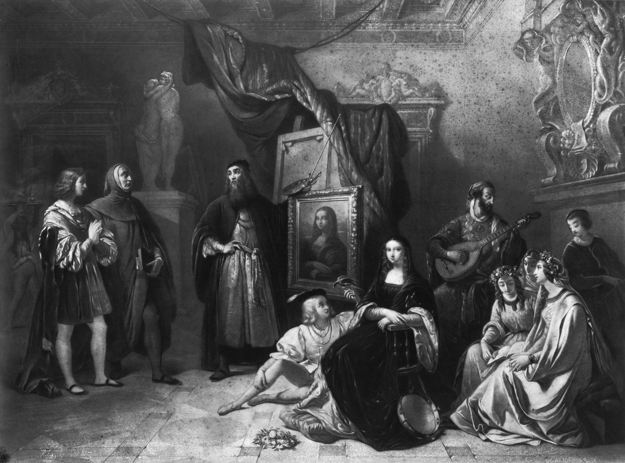 Leonardo da Vinci (1452-1519) maler Gioconda, gravert av Lemoine, 1845 av Aimee Brune
