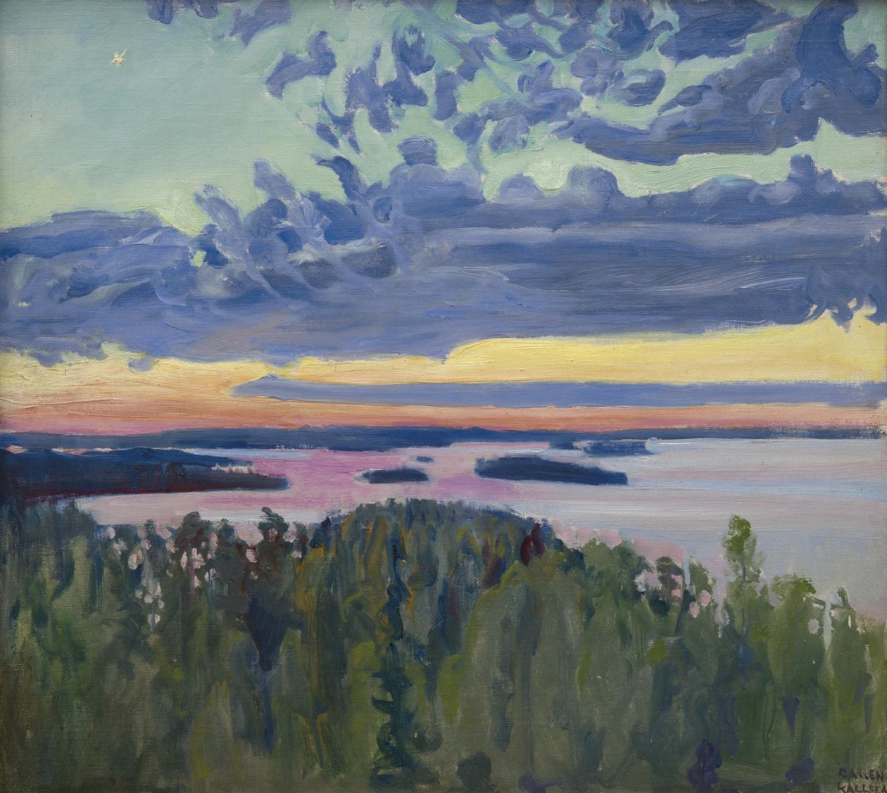 Solnedgang over en innsjø. av Akseli Gallen Kallela